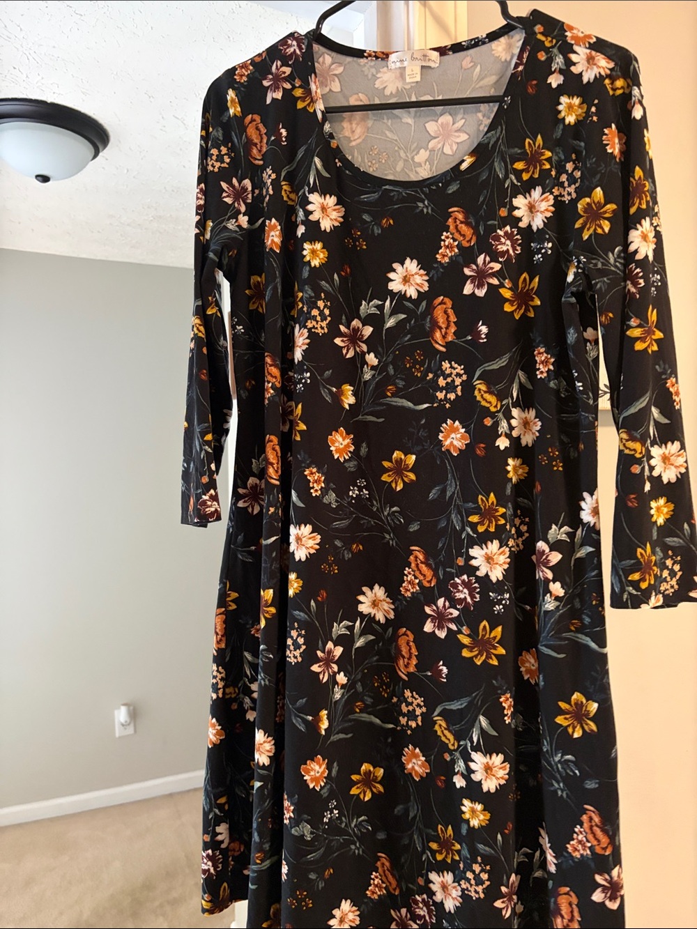 nine britton Black Floral Long-Sleeve Fit & Flare Dress